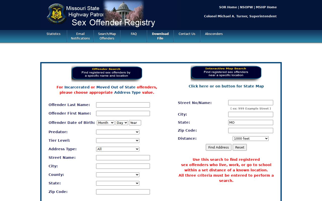 St. Charles resident lookup using the Missouri State Highway Patrol registry fields