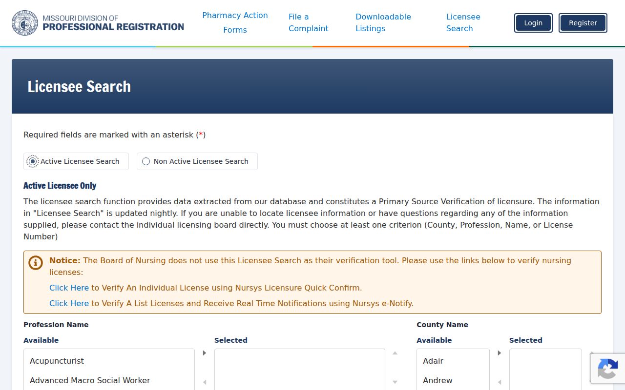 St. Charles resident lookup through the Missouri professional license search